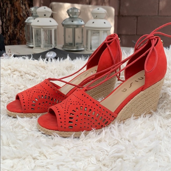 Unisa Shoes - Unisa Coral Red Suede Wedge Ankle Lace-up Sandals